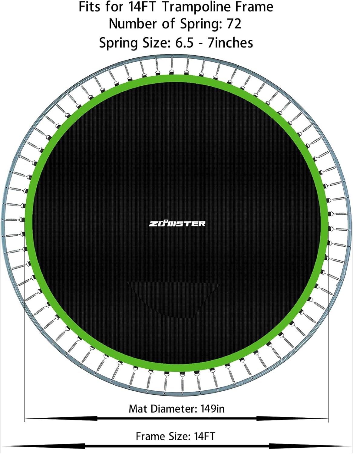Zoomster Replacement Jumping Mat, Fits 14FT Round Trampoline Frame with 72 V-Hooks, Using 6.5-7" Springs 149" Premium Trampoline Mat (Spring not Included)