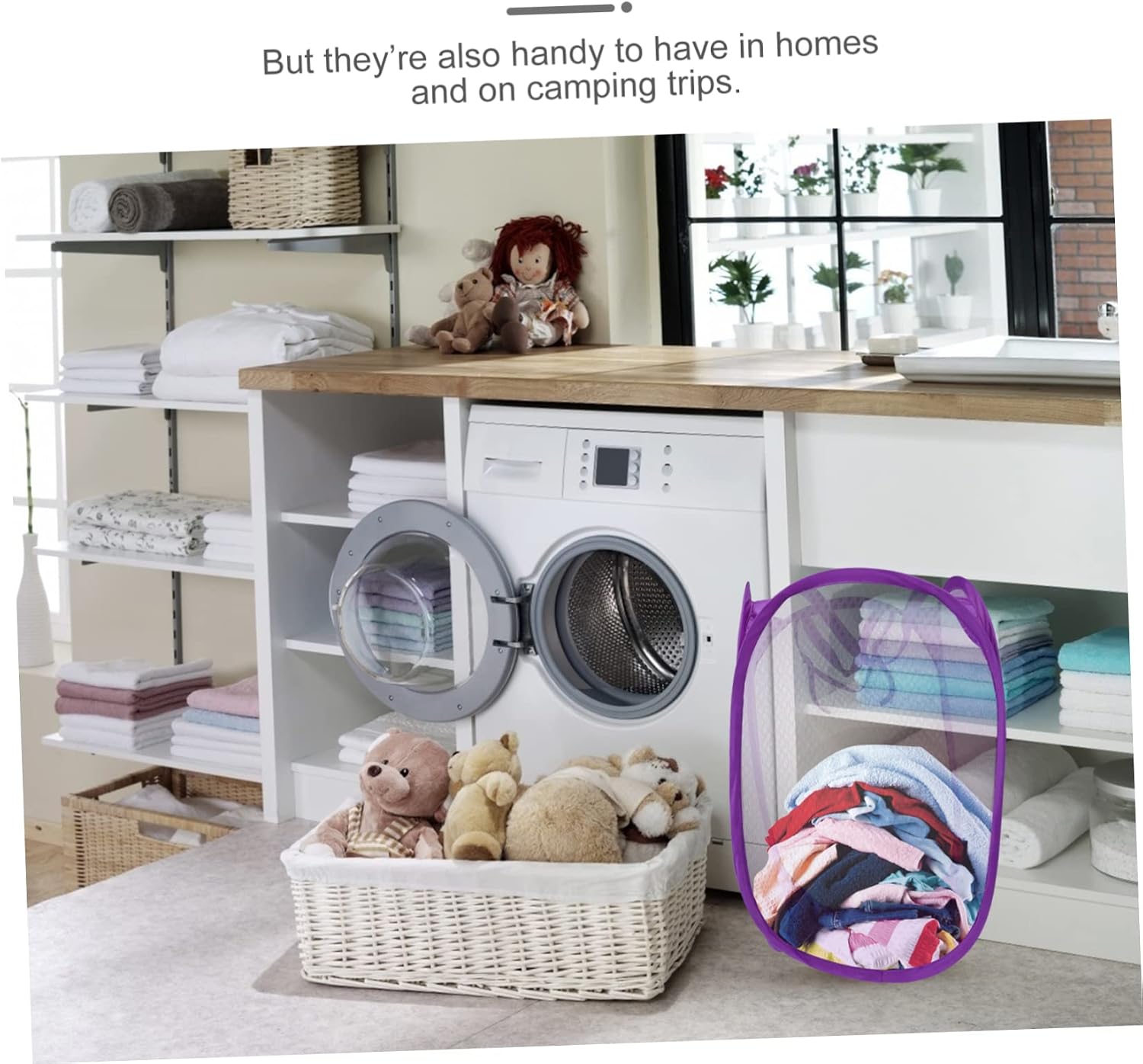 Foldable Pop Up Mesh Laundry Basket with Side Pocket and Handles Breathable Dirty Clothes Hamper for College Dorm Small Apartments Camping Purple