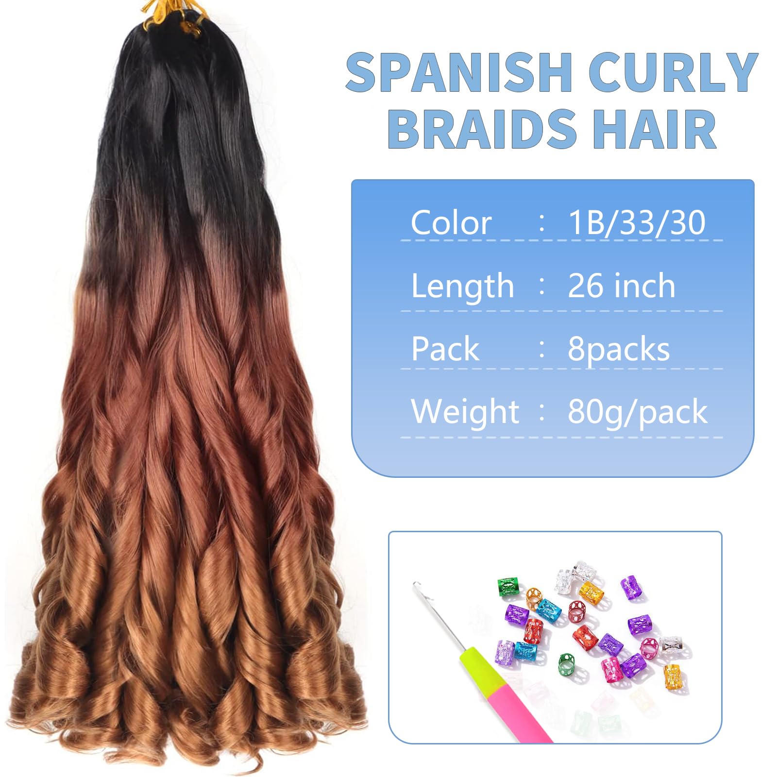 Alaleibaby 26 inch French Curly Braiding Hair 8 Pack Loose Wavy Spiral Curl Braids Crochet Hair Deep Wave Synthetic Extensions Pre Stretched Bouncy Braiding Hair - Image 2