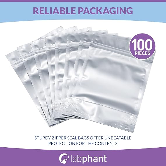 Stand Up Mylar Bags 5.5 x 8 +1.6 Heat Seal For Candy & Food Packaging, Medications And Vitamins - 100 Sealable Mylar Ziplock Bags with Gusset Bottom - For Liquid And Solids (5.5 x 8 + 1.57)