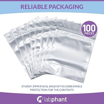 Stand Up Mylar Bags 5.5 x 8 +1.6 Heat Seal For Candy & Food Packaging, Medications And Vitamins - 100 Sealable Mylar Ziplock Bags with Gusset Bottom - For Liquid And Solids (5.5 x 8 + 1.57)
