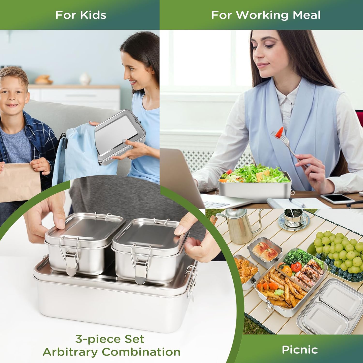 304 Stainless Steel Bento Box 3 Pack - Stainless Containers With Lids - Leak-Proof & Stackable - 2400/550/550ml - Food Storage for Soup, Salad, Leftovers