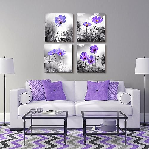 Miniatura 5 de Arte de pared para sala de estar, flores moradas en blanco y negro, impresiones en lienzo grandes, decoración de pared, obras de arte de 16 x 16