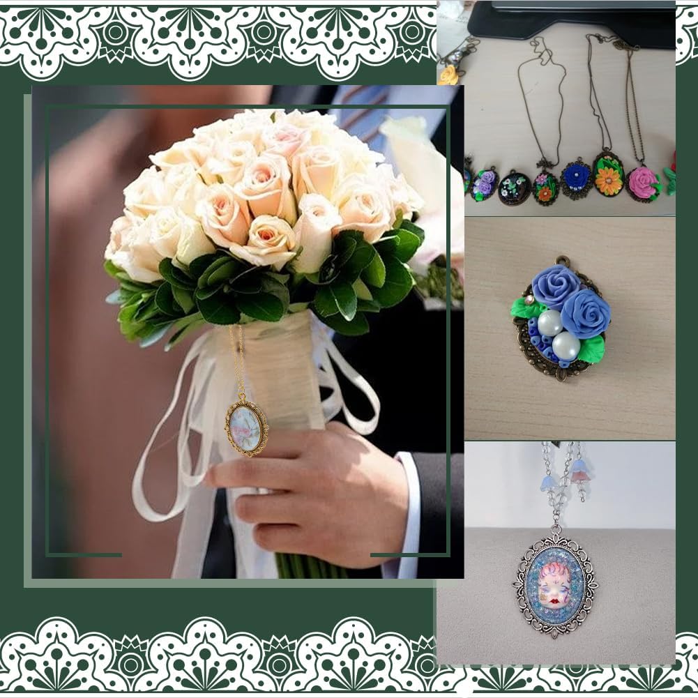 PH PandaHall 60pcs Gold Pendant Trays Kit, 30pcs Oval Blank Bezel Pendant Trays Base, 30pcs 25x18mm Glass Cabochon Dome Tiles for Bridal Wedding Bouquet Graduation Photo Charm Making DIY - Image 6