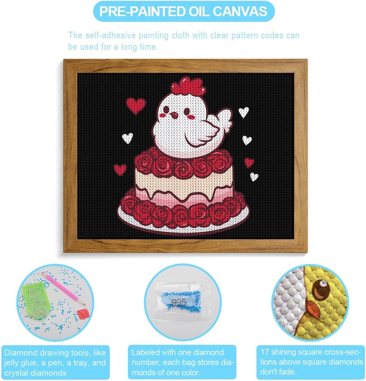 Birthday Cake Hen Chicken Printed Diamond 5D Painting Kit 16x20in DIY Full Drill Craft with Tools for Home Wall Decor Gift Yellow Wood 50 * 40cm
