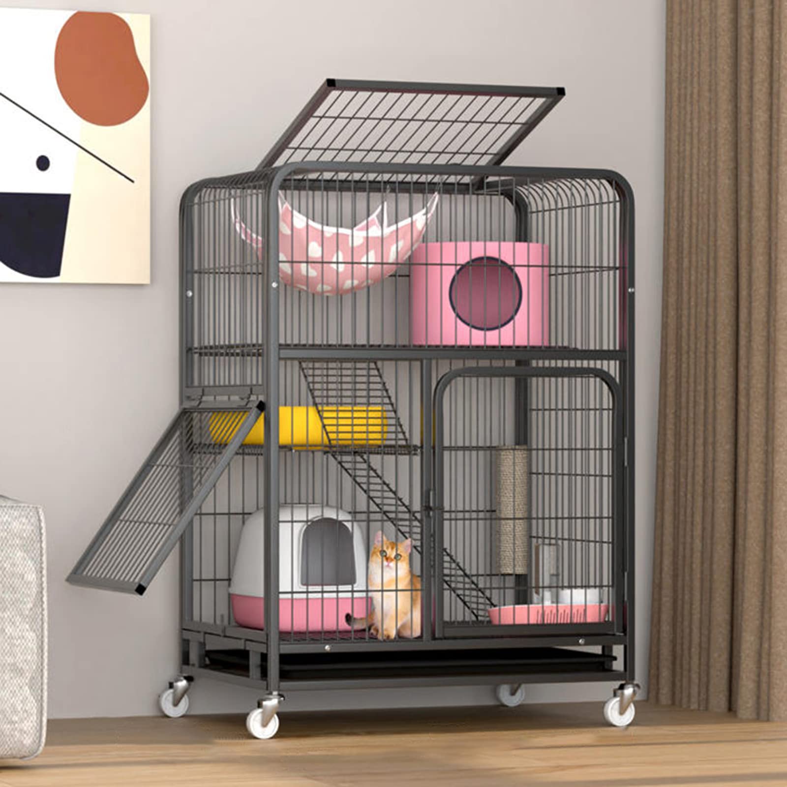 Gabbia per gatti da interno, Gabbia per gatti portatile, Gabbia per animali domestici, Stanza per piccoli animali domestici, Gabbia in rete metallica per 1-2 gatti (Black)