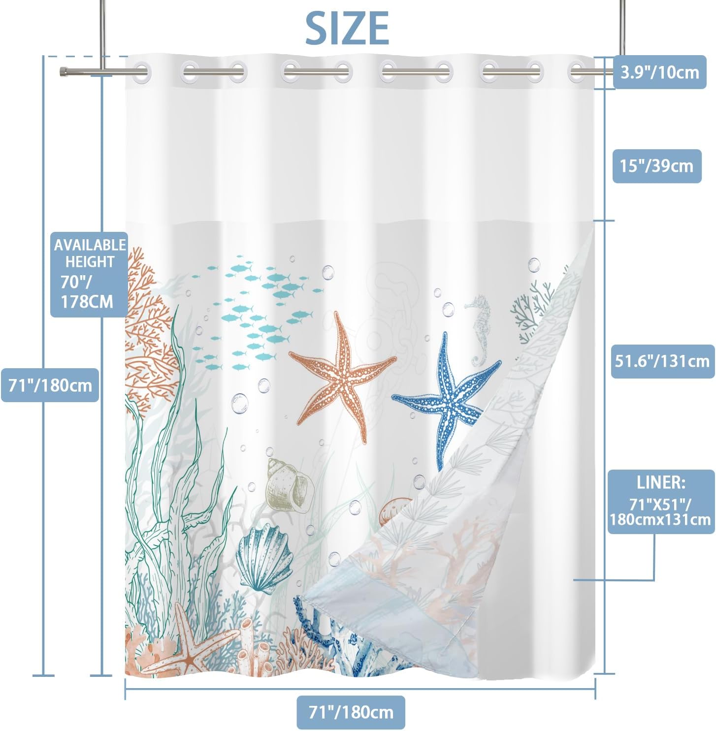 Hookless Ocean Shower Curtain with Snap in Liner Set - 71 x 71Inches Waterproof No Hook Starfish Bath Curtain with Mesh Top Window for Nautical and Kids Bathroom