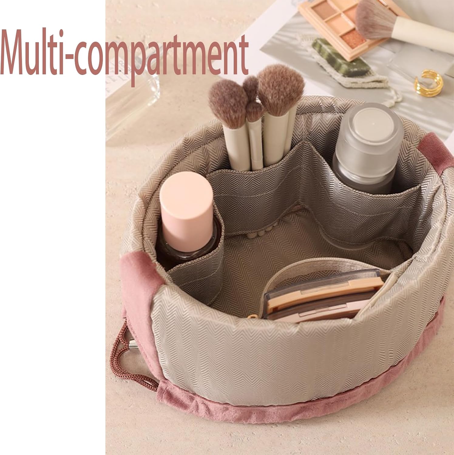Large Velvet Drawstring Makeup Bag - Round Circle Bottom Cosmetic Pouch for Travel, Make Up Case Spacious Toiletry Organizer for Women and Girls, Pink image 3