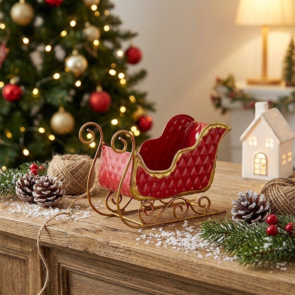 Christmas Sleigh Metal Ornament, Small Santa Sleigh Candy Storage Holder, Xmas Centerpiece Decor for Mantel, Fireplace, Shelf and Holiday Display