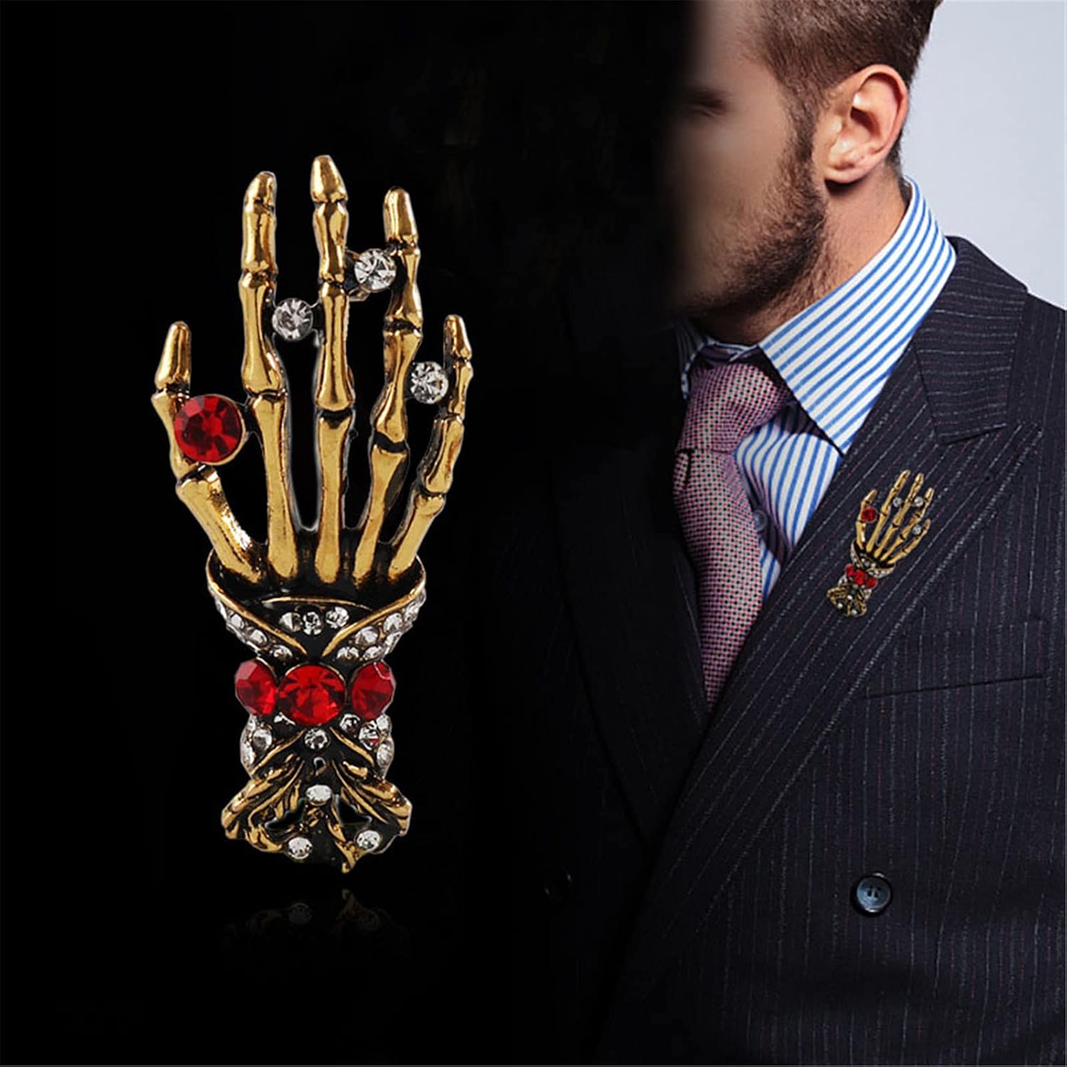 2PCS Vintage Skeleton Hand Long Chain Lapel Pin for Women Men Gothic Punk Brooch Retro Crystal Skeleton Skull Collar Pin Halloween Gifts