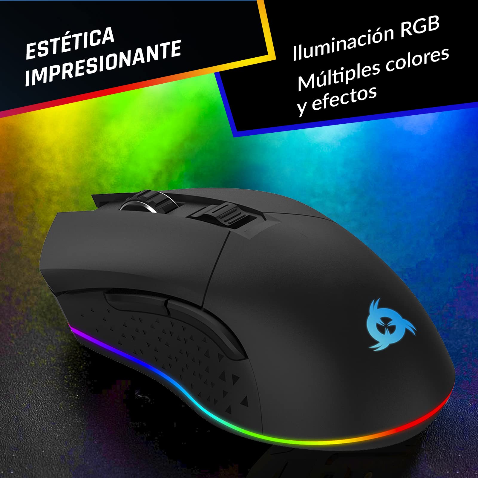 KLIM Blaze Ratón Gaming Inalámbrico RGB Recargable, hasta 10000 dpi | Botones Probados para 20 Millones de Clics, Laterales Antideslizantes Adaptables a Cualquier Agarre, Negro