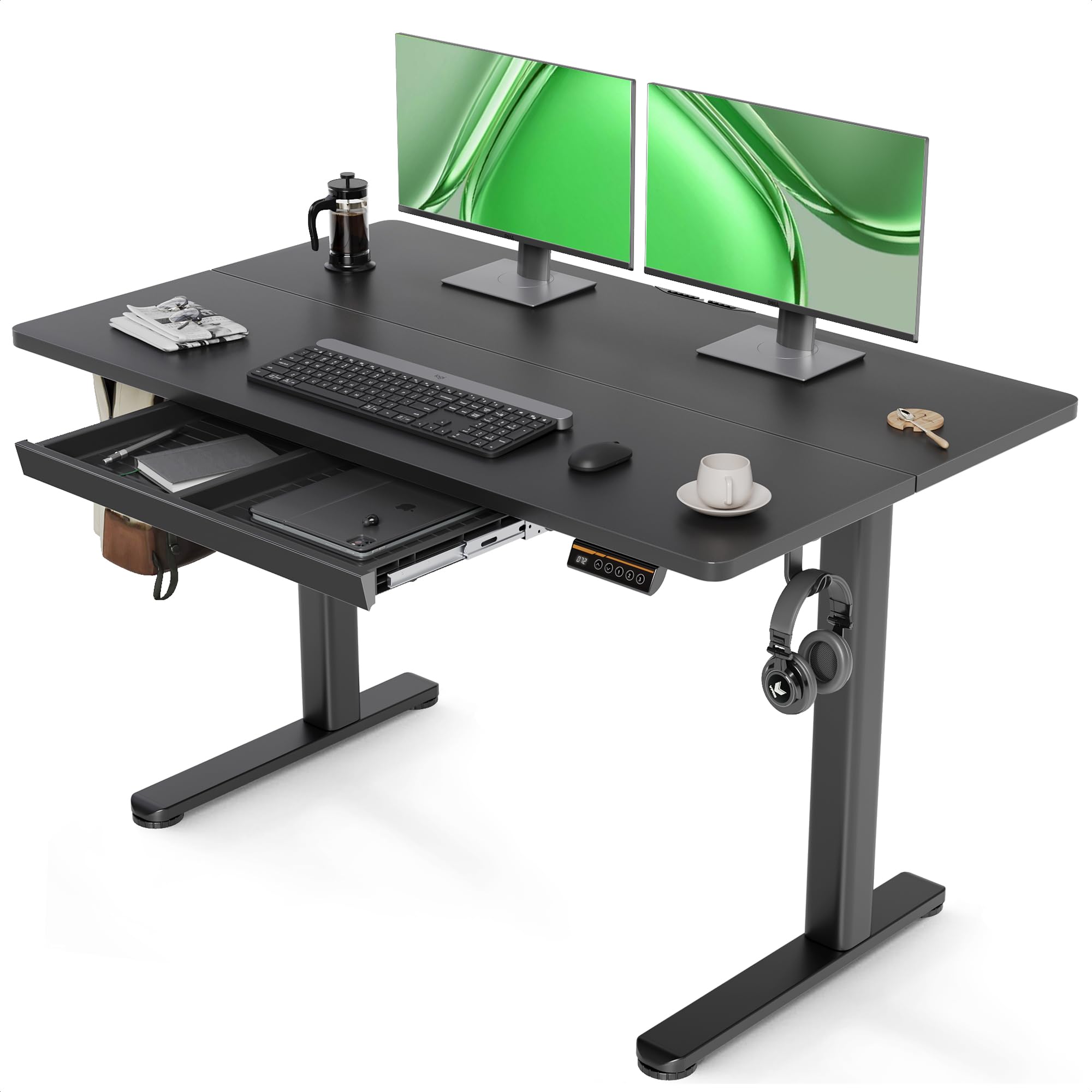 Claiks 120x60cm Escritorio Regulable en Altura con Cajones,80KG Capacidad de Carga Escritorio Elevable con 3 Memorias Inteligentes & 2 Gancho para Auriculares, Negro