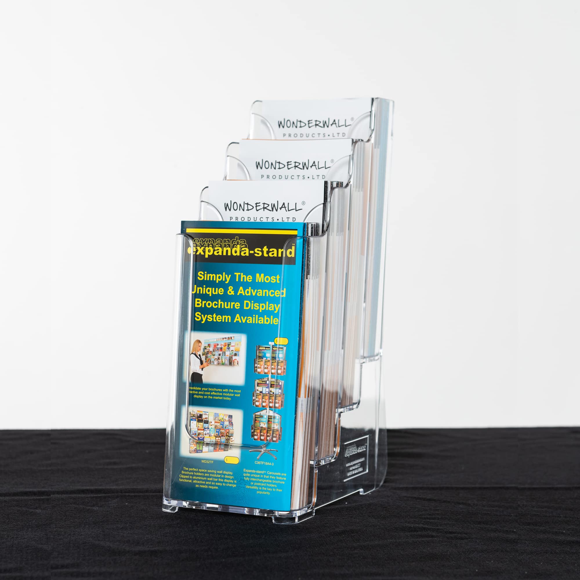 Wonderwall Desktop Multi-tier Leaflet Holder | 4 x 1/3 A4 Clear Pockets Brochure Dispenser Ideal for reception, Info Hubs