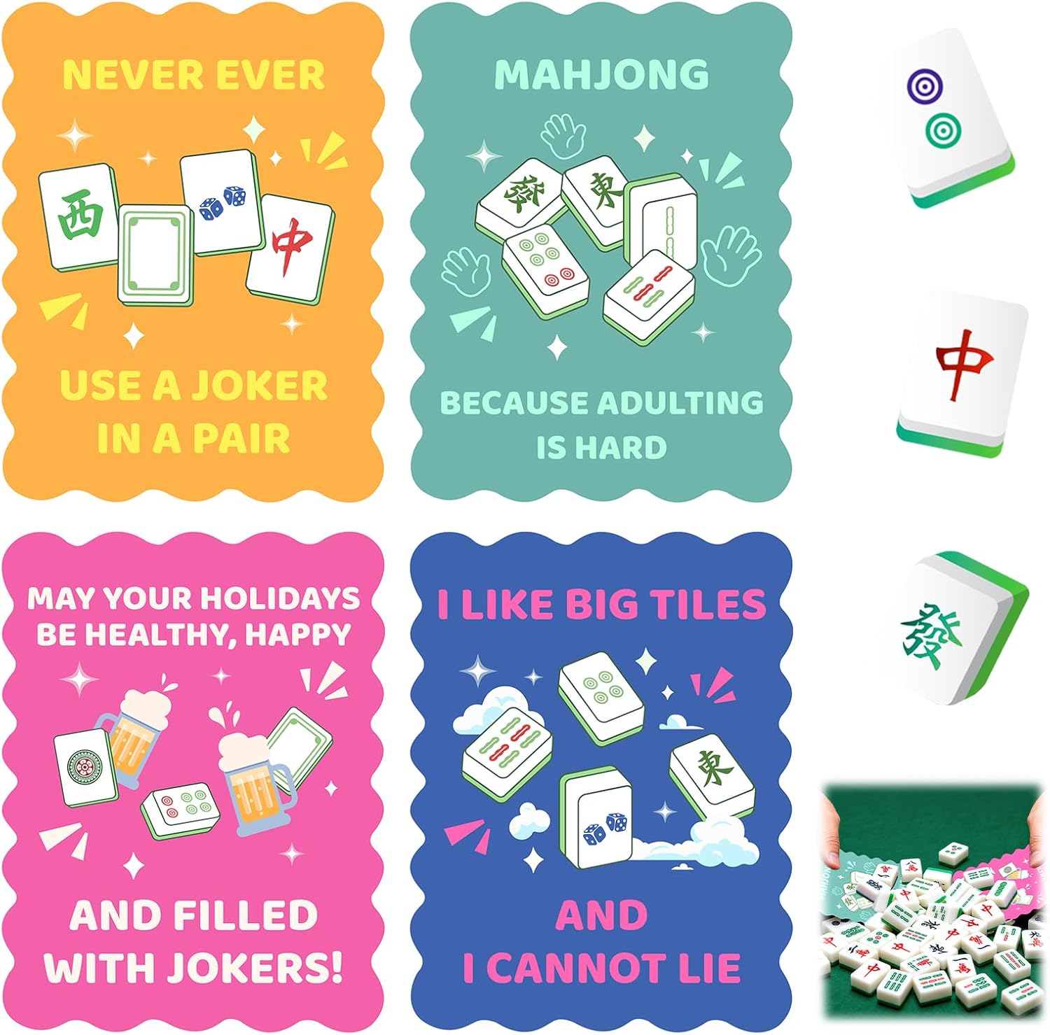4 Pcs Mahjong Tile Mixer Shufflers,Color Mahjong Shuffler Cards, Color Mahjong Shuffler Cards for Mixing and Shuffling Tiles, Funny Sayings Mahjong Accessories for Lovers Games Family Games