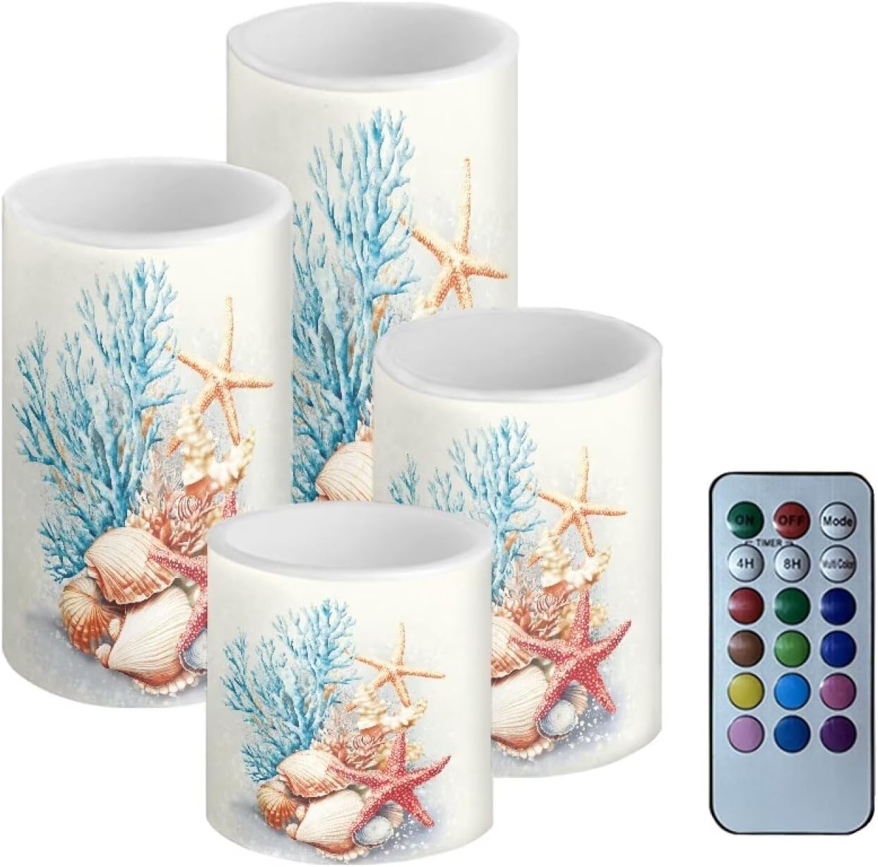 Cozeyat Beach Coral Outdoor Indoor Flameless Candles 4 Pack LED Pillar Candles with Remote Color Changing Timer Flickering Battery Operated for Home Wedding Decor