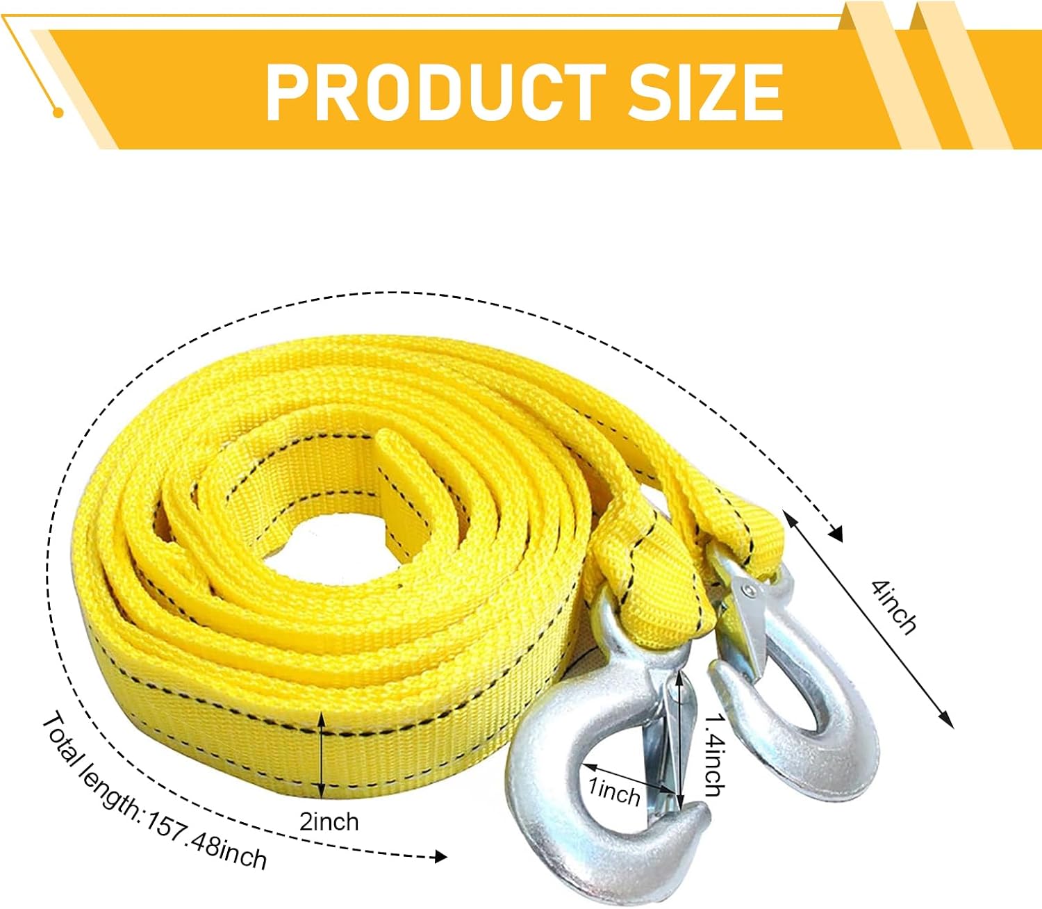 WZP Tow Straps Heavy Duty with Hooks, Nylon ATV Tow Rope, Reflective Towing Strap Rope, Universal for Car Truck Boat ATV Roadside Emergency (Yellow)