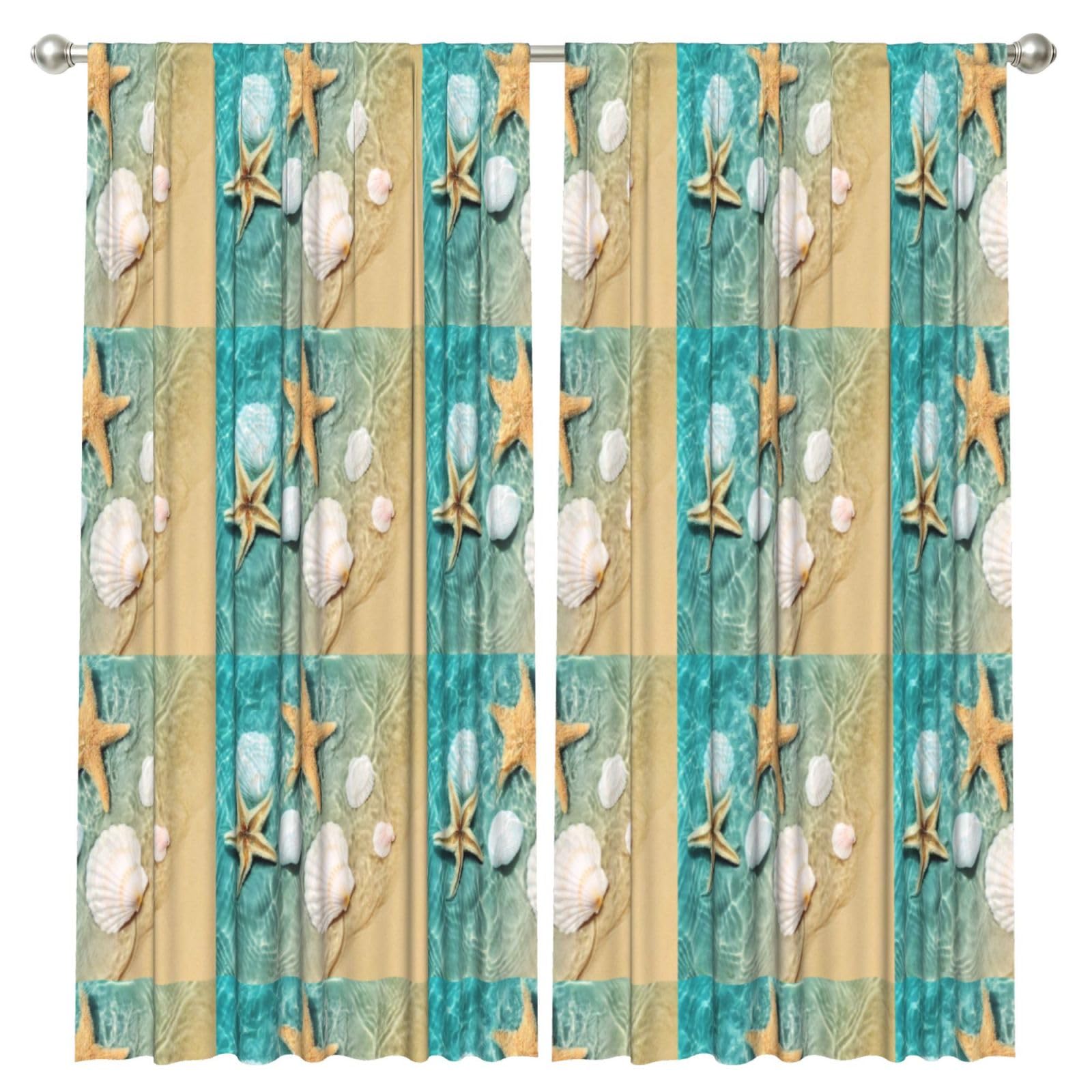 InOmak Beach Starfish Scallop, 2 Panels Window Curtains 52 x 84 Inch Blackout Curtains for Living Room Bedroom