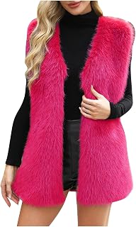 Womens Long Faux Fur Vest Sleeveless Open Front Coat Fashion Fall Winter Warm Faux Fur Fuzzy Vests Outwear Waistcoat