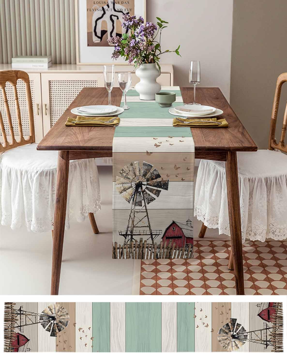 Farmhouse Windmill Table Runners 108 Inches Long, Cotton Linen Fabric Table Runner Dresser Scarf, Country Butterfly Vintage Wood Grain Tablerunner for Party/Kitchen/Dinner/Wedding Decor 13''x108''