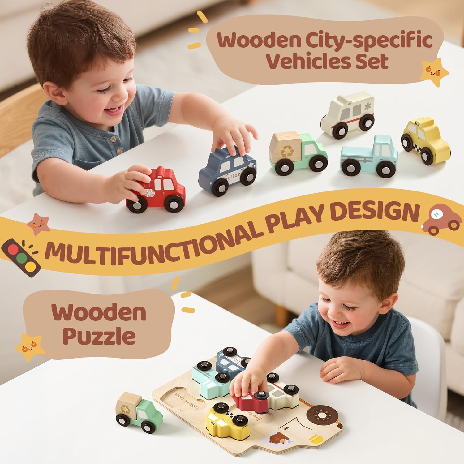 AIGIMU Wooden Toddler Puzzles,Montessori Puzzle for Toddlers 1-3,Montessori Toys for 1 2 3 Years Old Boys Girls Educational Toys with 6 Emergency and City Vehicles,Wooden Toy Cars for Toddler 1-3