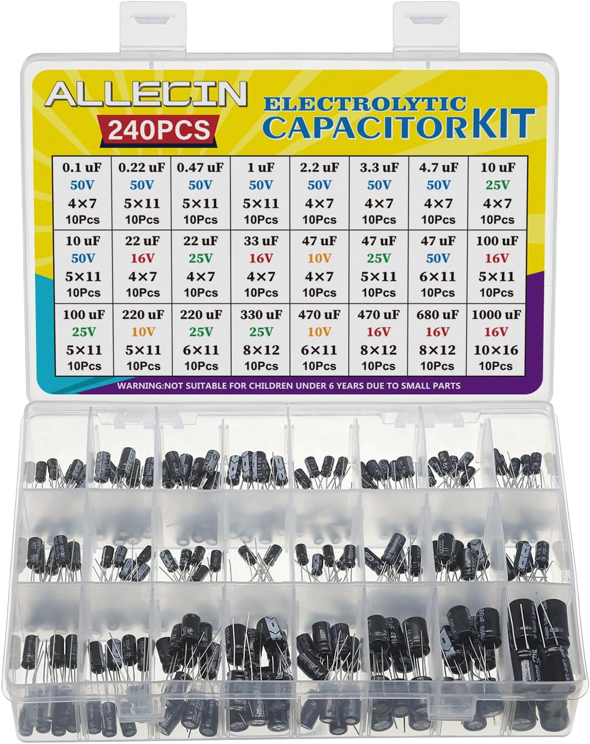 24 Values Electrolytic Capacitor Assortment Kit from 0.1uF to 1000uF 10V 16V 25V 50V in-line Aluminum Capacitors Set