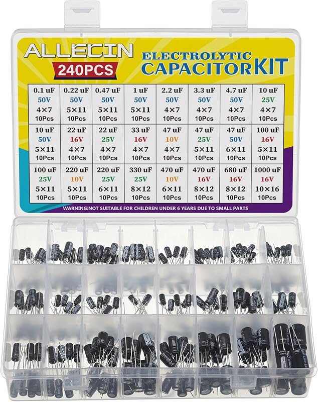24 Values Electrolytic Capacitor Assortment Kit from 0.1uF to 1000uF 10V 16V 25V 50V in-line Aluminum Capacitors Set