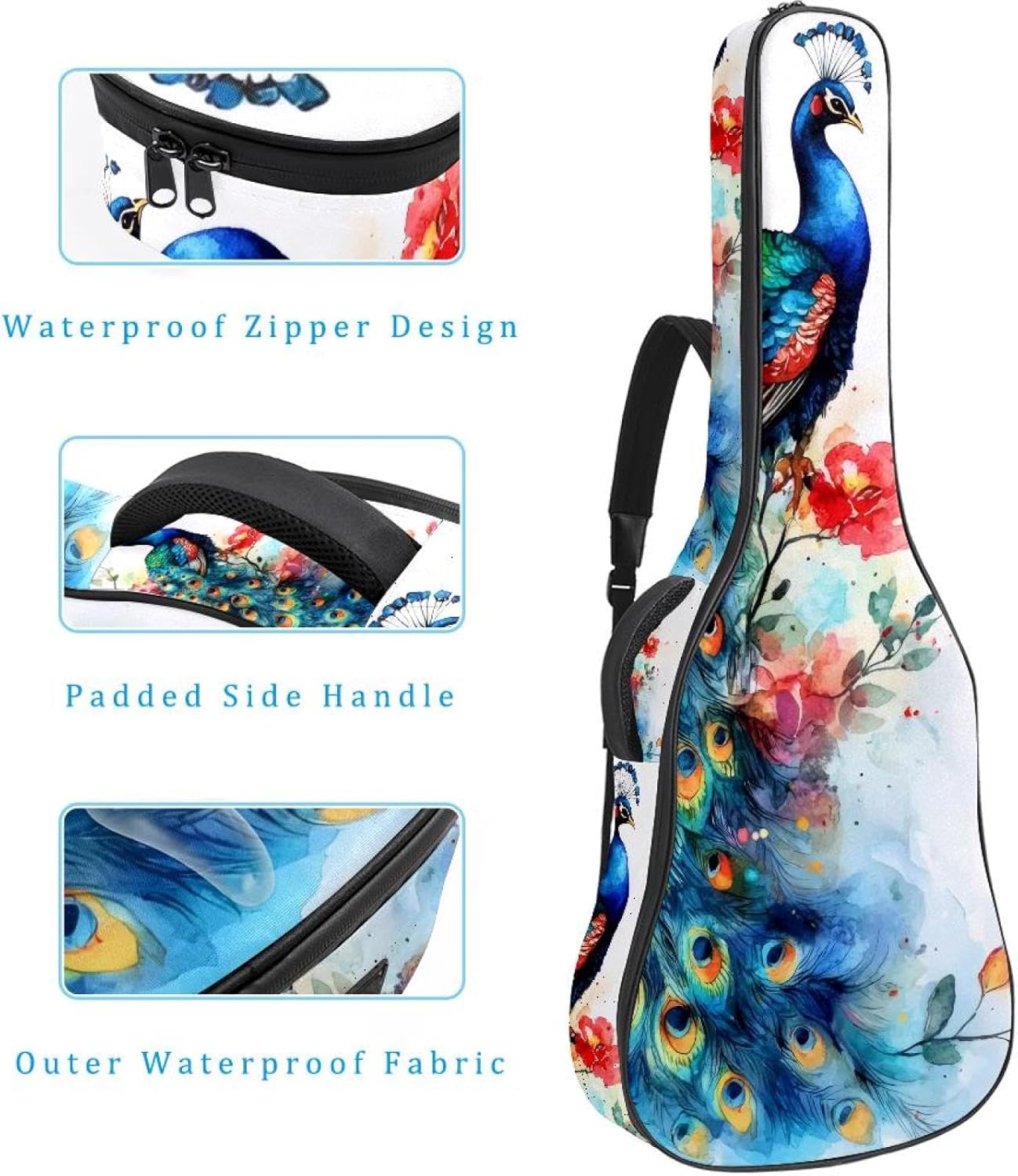 40 41 42 Inch Acoustic Guitar Bag, 0.4 In Thick Sponge Padded Guitar Case Gig Bag with Back Hanger Loop and 2 Pockets, Aesthetic Peacock with Feathers Flowers