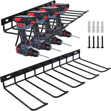 WellMade Power Tool Organizer Wall Mount, Drill Holder, 2 Pack Black Steel Drill Holder Wall Mount for Garage, Holds 4 Tools, 80LB Capacity, Easy Install with Screws & Anchors