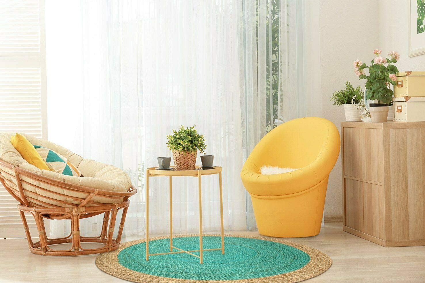 Tapis rond en jute naturelle tissé à la main, turquoise avec bordure beige, 91,4 x 91,4 cm (91,4 cm rond)