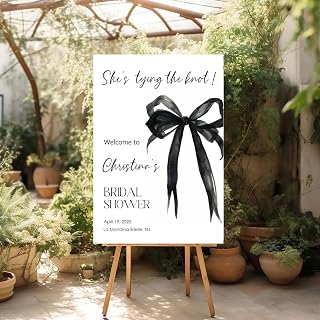 Black Bow Bridal Shower Welcome Sign, Watercolor Coquette Theme with Elegant Ribbon, Personalized Entry Poster for Black and White Wedding Ceremony, Fancy Party Decor for Bride-to-Be