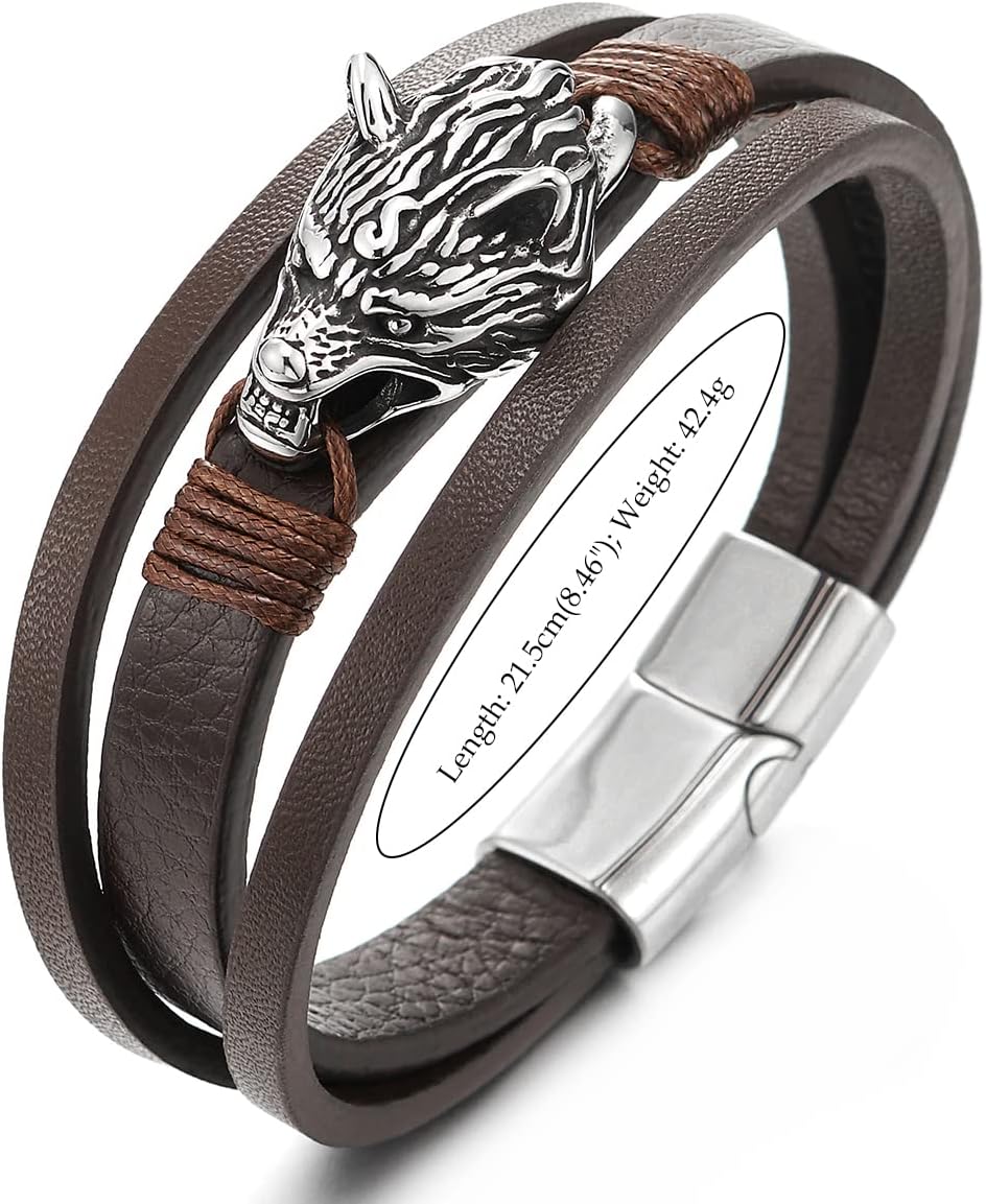 Viking Bracelet for Men, Steel Wolf Bracelet Brown Braided Leather Wristband, Three-Strand Bangle - Image 5