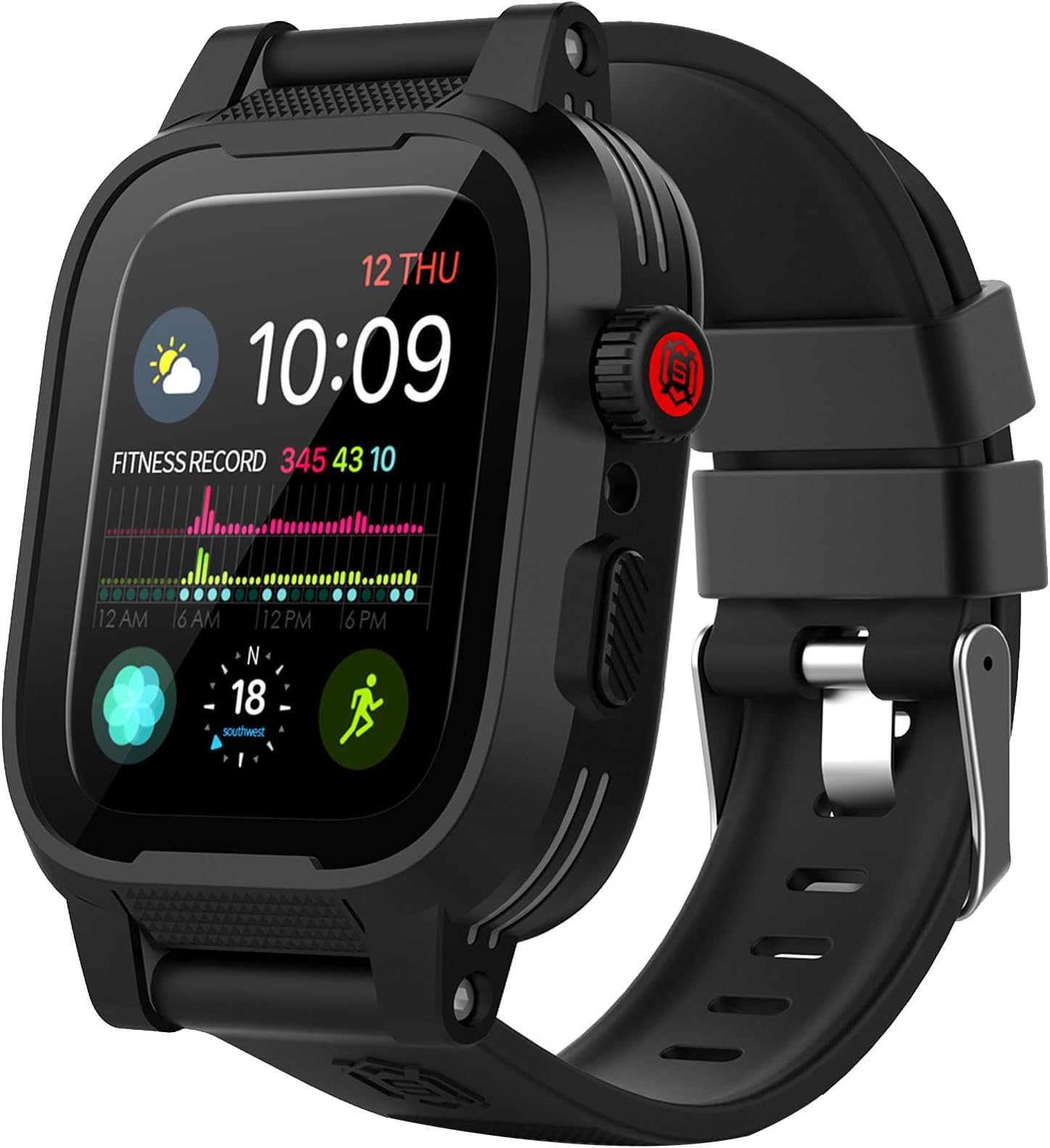 ShellBox Case Apple Watch 44mm Screen Protector Waterproof Case[IP68],Impact Resistant/Rugged 1Row Perforated Soft Band for iWatch Series 6/5/4/SE 44mm (Black)