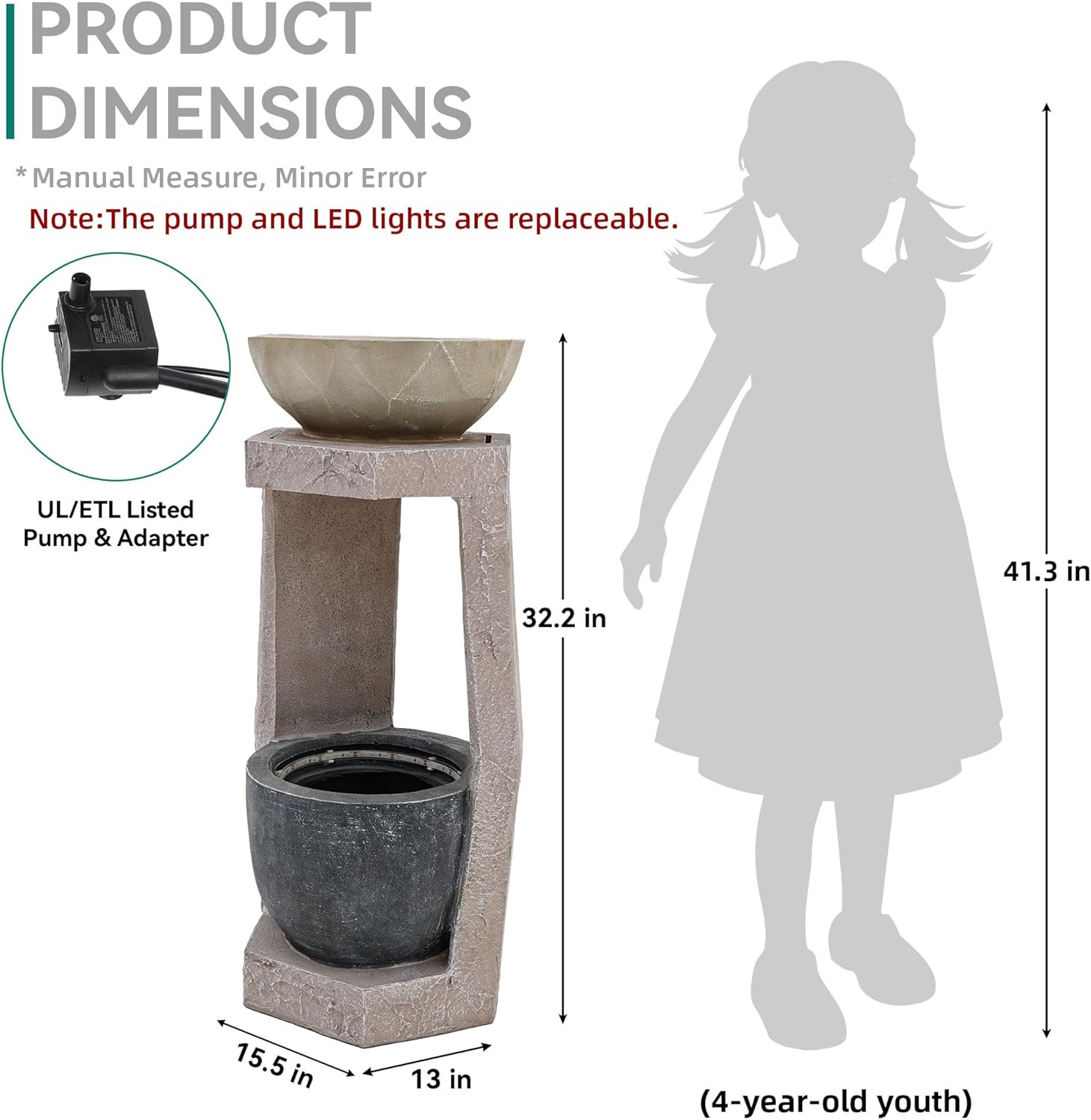 32" Outdoor Fountain, Modern Geometric Two Bowls Water Feature with LED Lights, Resin Soothing Cascading Waterfall for Patio, Backyard, Garden or Porch