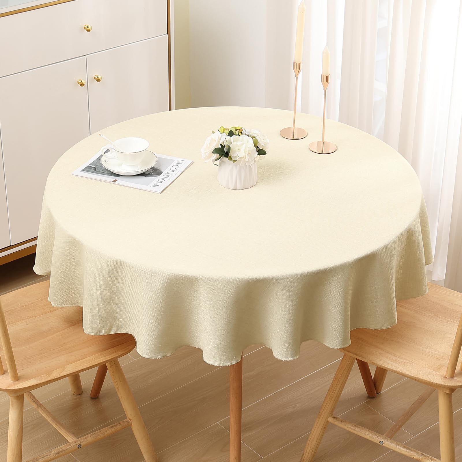 smiry Linen Table Cloth Rectangle Round 140 cm Wipe Clean Tablecloth Water Resistant Table Cover for Kitchen, Party Decorations - Beige โ image 1