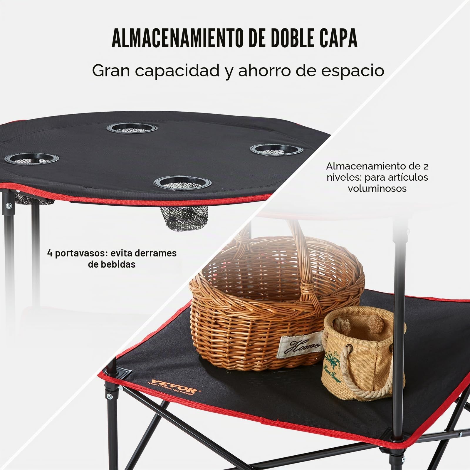 VEVOR Mesa de Camping 72x72x61 cm Carga de 25 kg Mesa Plegable Portátil para Exteriores Bandeja Ligera en Tejido Oxford 600D Estructura de Acero con Bolsa de Transporte para Playa Pícnic Barbacoa