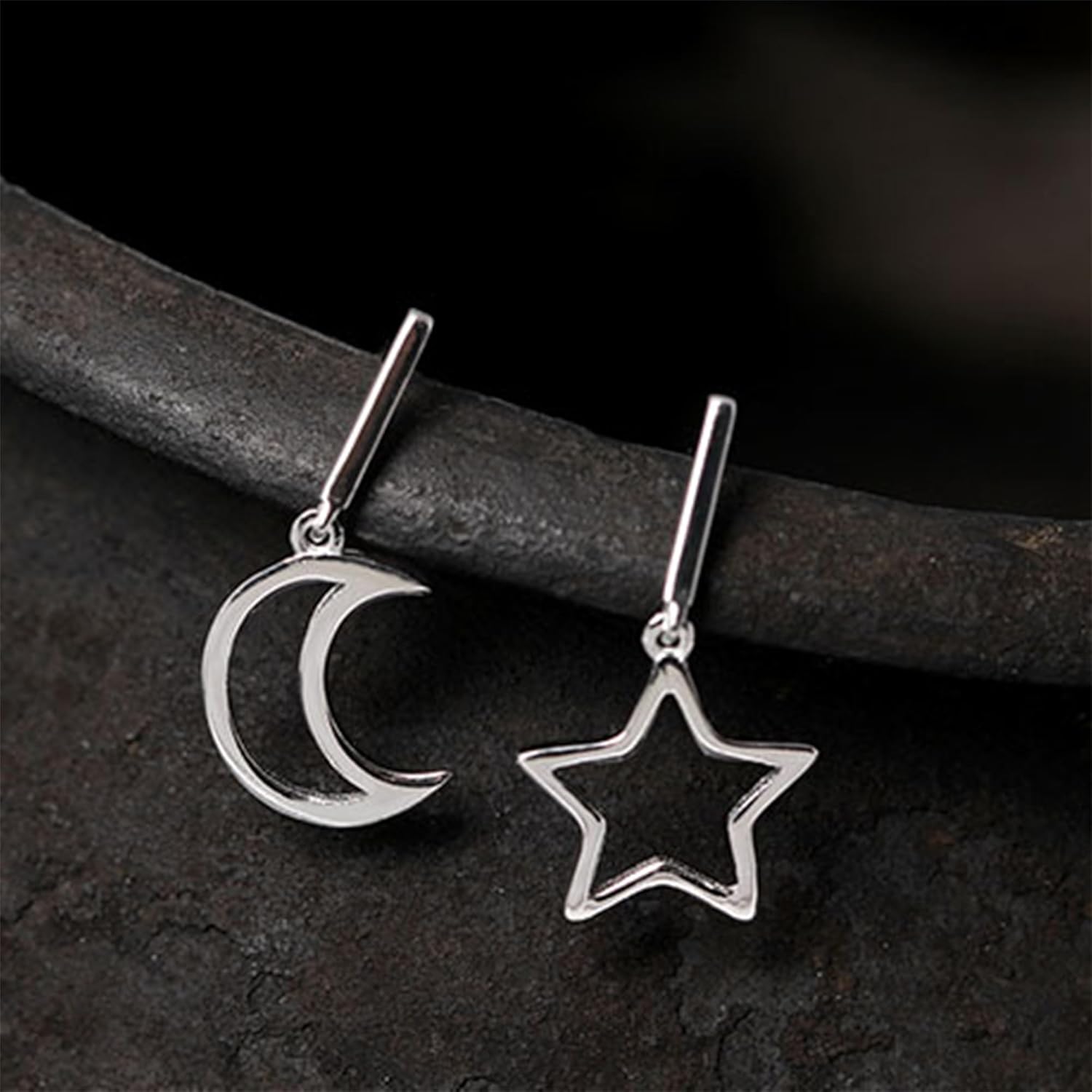 Sterling Silver Hollow Star Moon Bar Line Drop Dangle Post Earrings