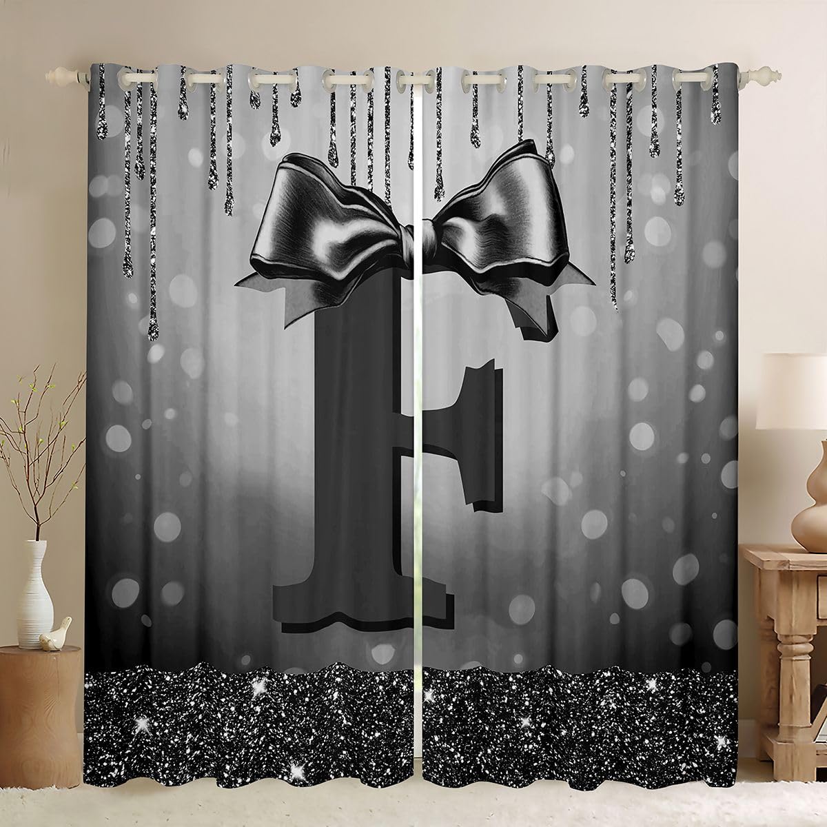 Homewish Księżniczka brokatowe zasłony okienne z kokardą, 132 x 229 cm, 2 panele zestawy – czarne zasłony zaciemniające z monogramem litery F, urocza , kokarda, zasłony okienne, szykowna