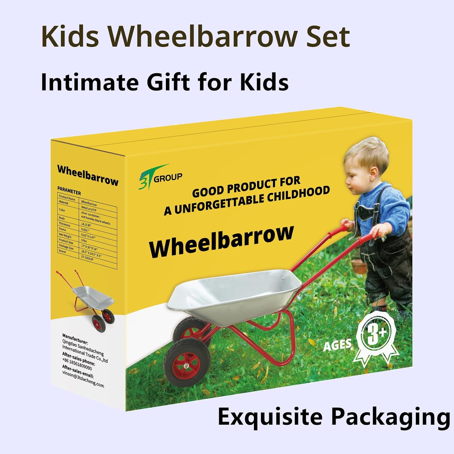 3T GROUP Kids Wheelbarrow Set,Toddler Metal Wheelbarrow for Kids Wheel Barrow,Wheel Barrel All Season Dig Sand/Dirt,Shovel Snow,Leaves(Silver)