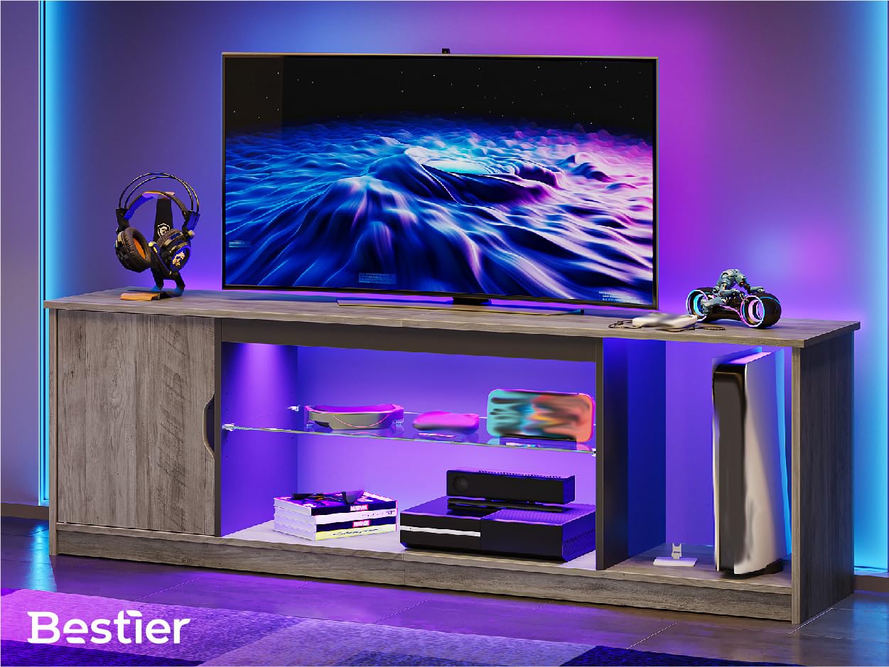 Bestier Support TV LED de 145 cm pour TV de 55/60/65" avec Armoire pour PS5, Moderne, avec étagères en Verre réglables, pour Salon, Chambre à Coucher