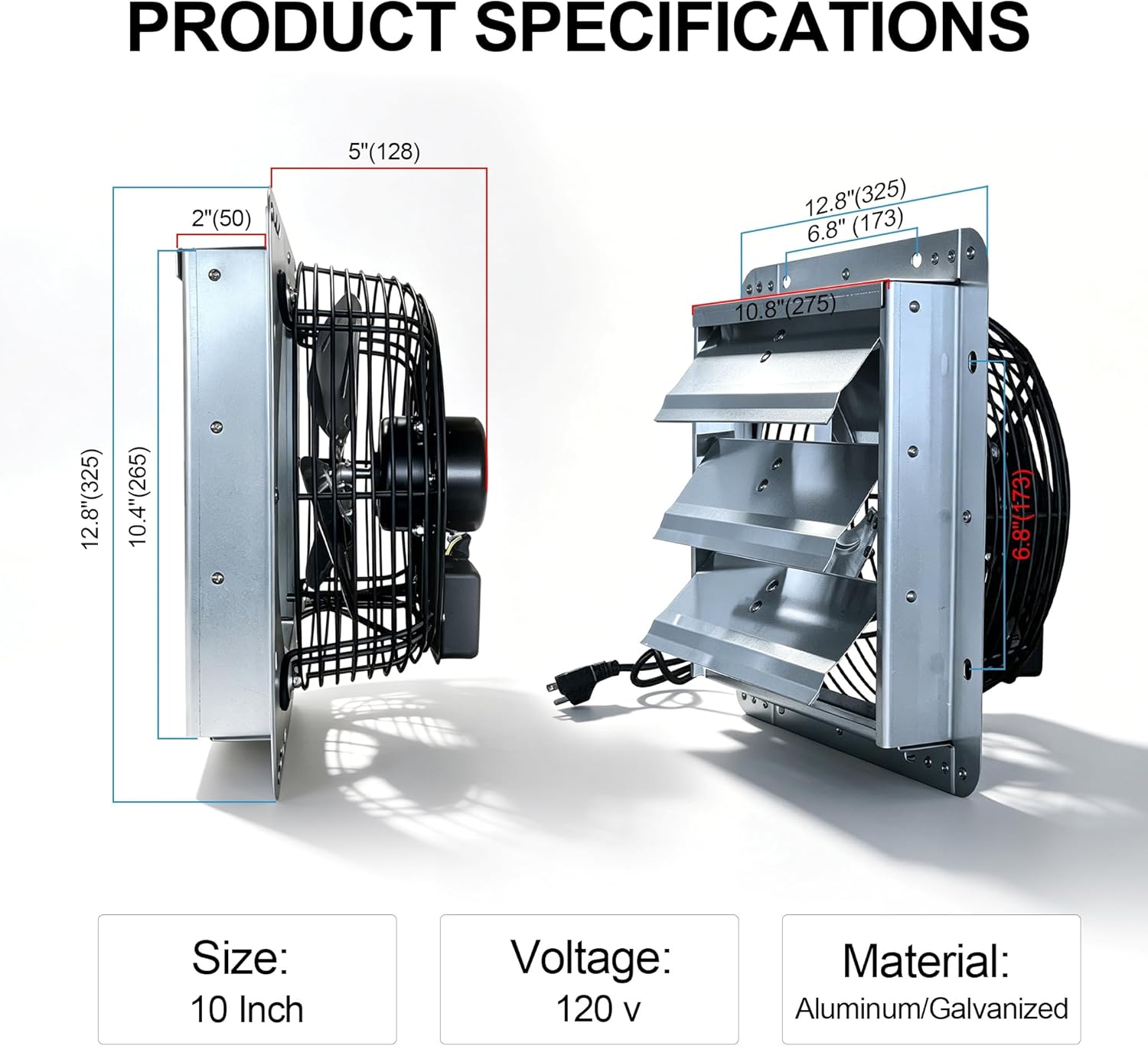 10 Inch Shutter Exhaust Fan,High-Speed Wall Mounted Exhaust Fan,Aluminum Automatic Shutter Attic Fan | Ventilation Fan For Garage，Greenhouse,Shed,Shop