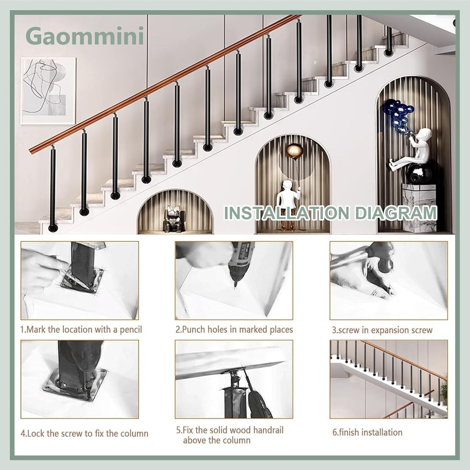 Indoor Stair Railing Deck Balusters Columns for Outdoor Steps Side Mount, Stair Banister Posts with Screws Kit, Metal Porch Railing Spindles - 270° Adjustable(85cm(33.5in))