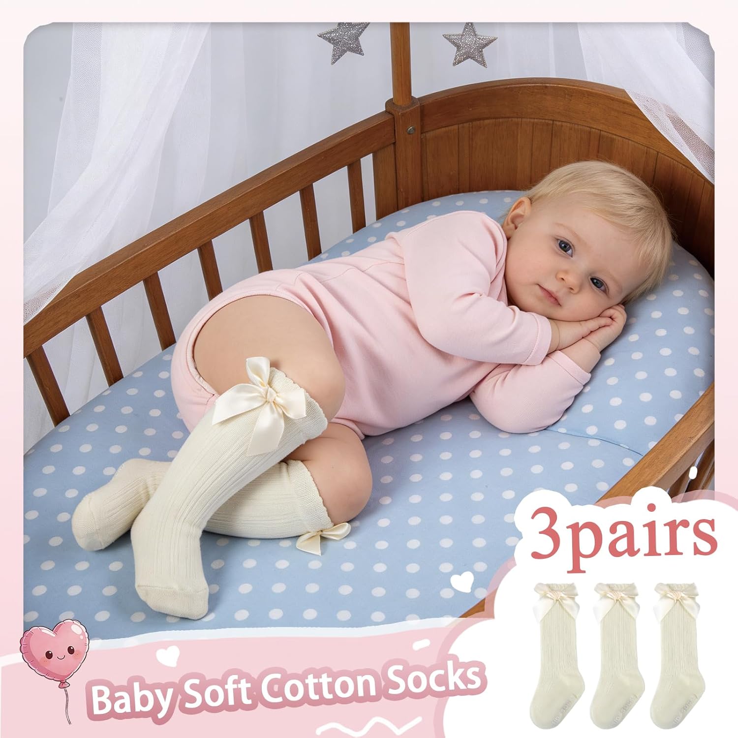 Baby Knee High Socks Non Slip Newborn Infant Toddlers Girl Stockings Cotton Bow Ruffle Long Socks Infant Dress Sock - Image 5