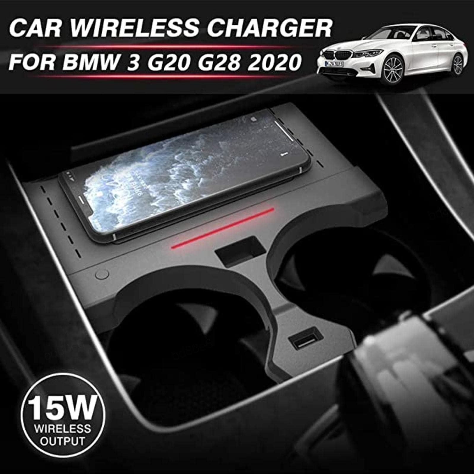 Car Wireless Charger for b m 3 Series G20 G28 2020 2021 Centre Console Accessory Panel with USB Charging Port 15W Fast for All Qi Phone Induction Charging pad