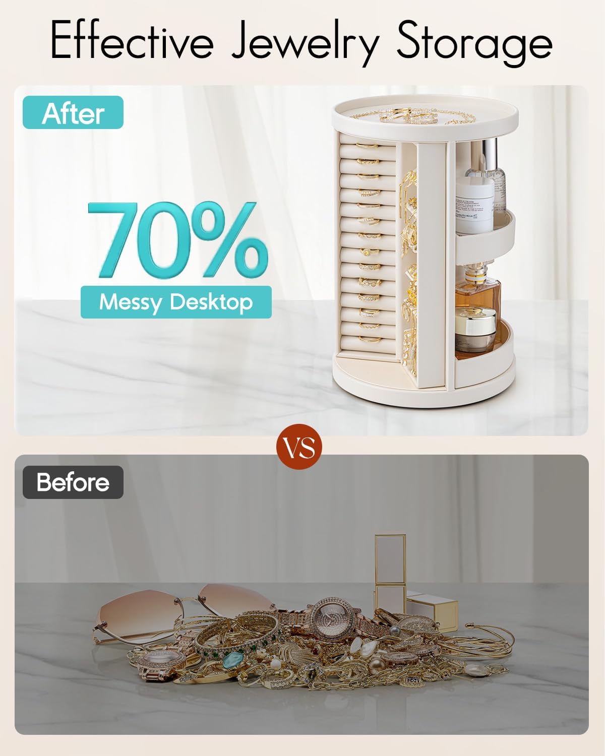 Vlando 360°Rotating Jewelry Box,Earring Organizer Large Vertical Jewelry Organizer with 6 Necklace Hooks, Open Ring Display Storage for Women - Cream White - Image 6