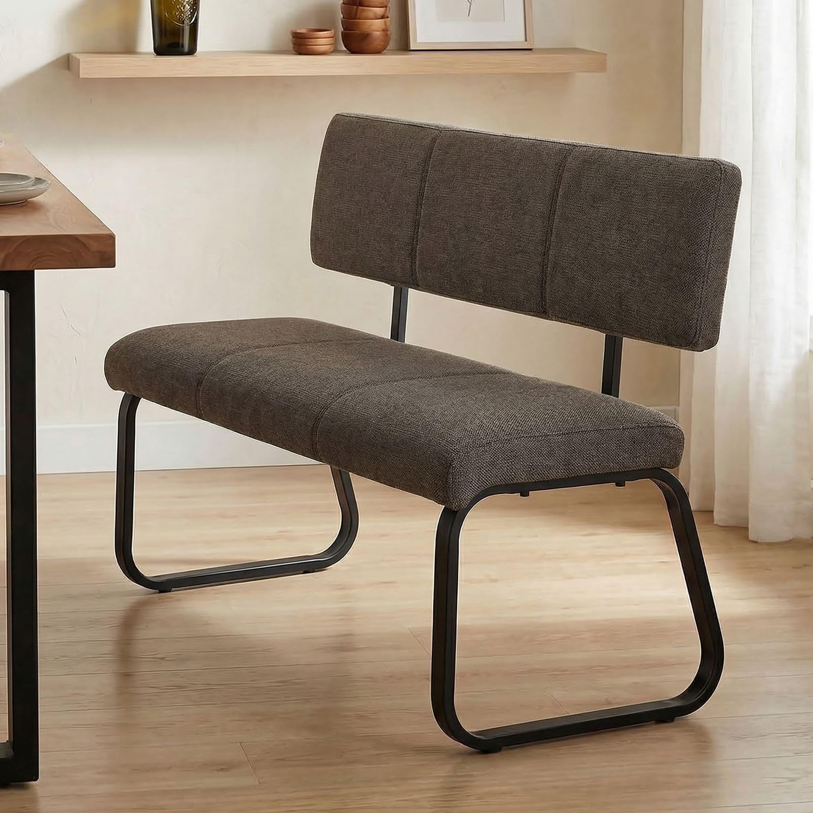 IDIMEX Banc Design Vilas siège avec 3 Places, Banquette avec Dossier, revêtement en Tissu Gris foncé et piètement en métal laqué Noir