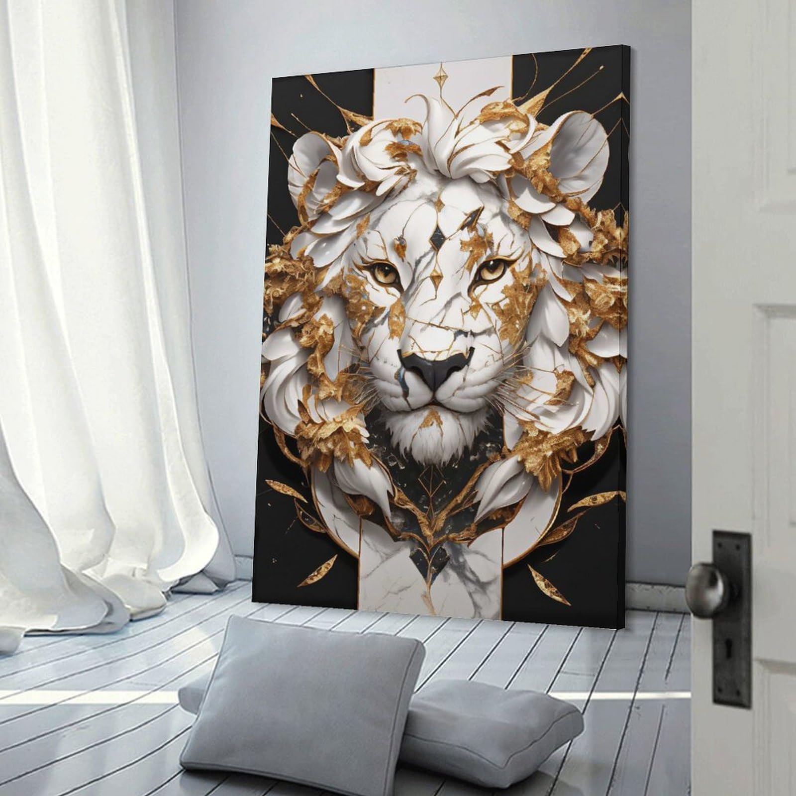 Junmoney Lion Portrait White And Gold Majesty Home Decor Wall Art 20x30inch(50x75cm), for Home, Office, Studio Or Guest Room, Canvas Wall Art That Fits Changing Layouts
