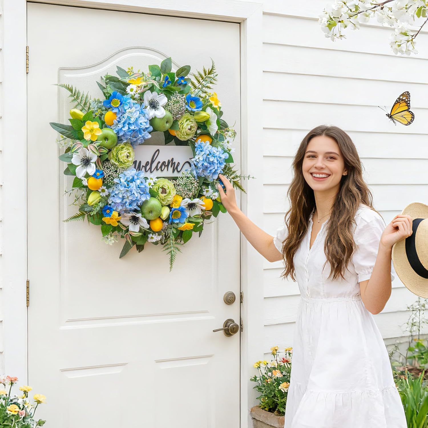 Spring Wreath for Front Door, Blue Spring and Summer Wreath with Hydrangea, Apple & Lemon, Peony Flowers and Greenery, Spring Door Wreath for Indoor Outdoor Decor