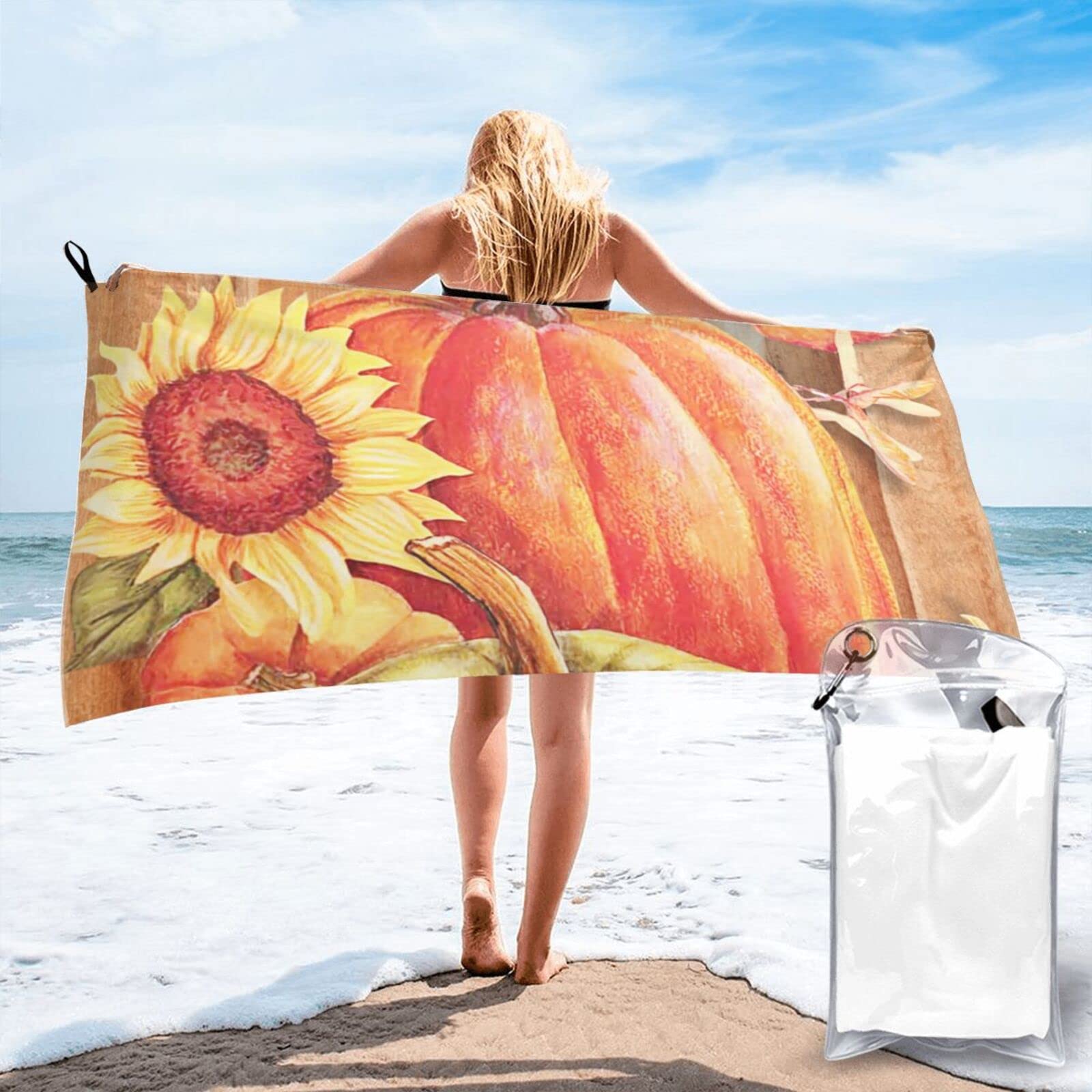 Lawenp Pumpkin Thanksgiving Autumn Harvest Microfiber Beach Towel Adults Large Quick Drying Bath Towel Travel Towels with Pouch 31.5"x63"