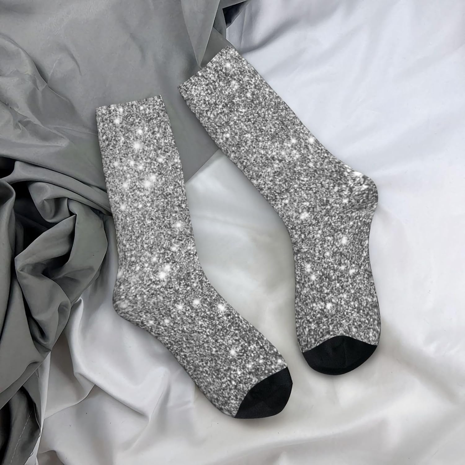 Silver Glitter Sparkles Crew Socks For Men/Women Gifts,Unisex Novelty Casual Dress Socks White - Image 2