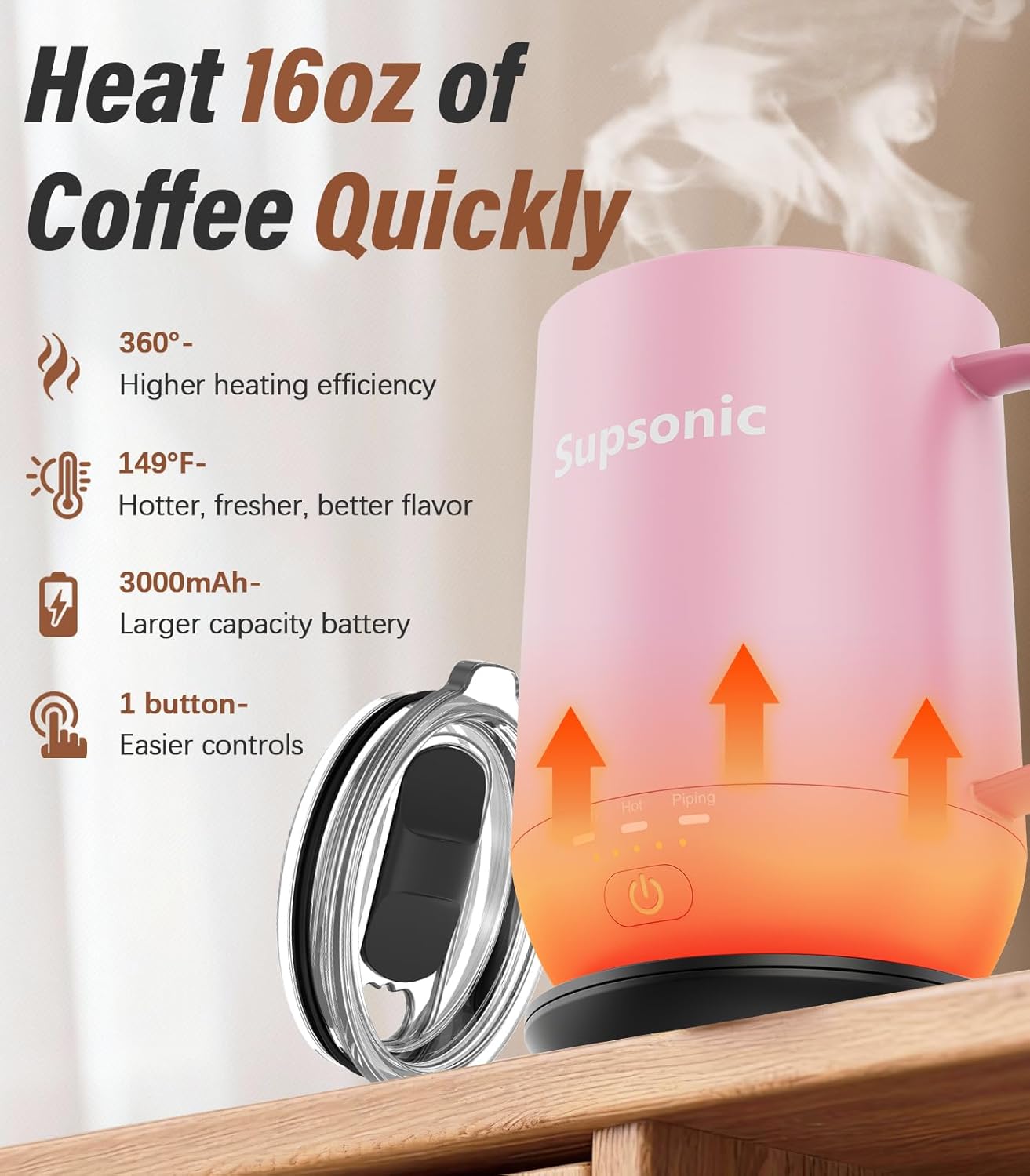 Supsonic - 16oz Self Heating Coffee Mug, Smart Heated Coffee Mug Faster Direct-Contact Heating Up to 149°F, Coffee Mug Warmer Set with Auto Shut-Off - Gifts for Men Women | S2